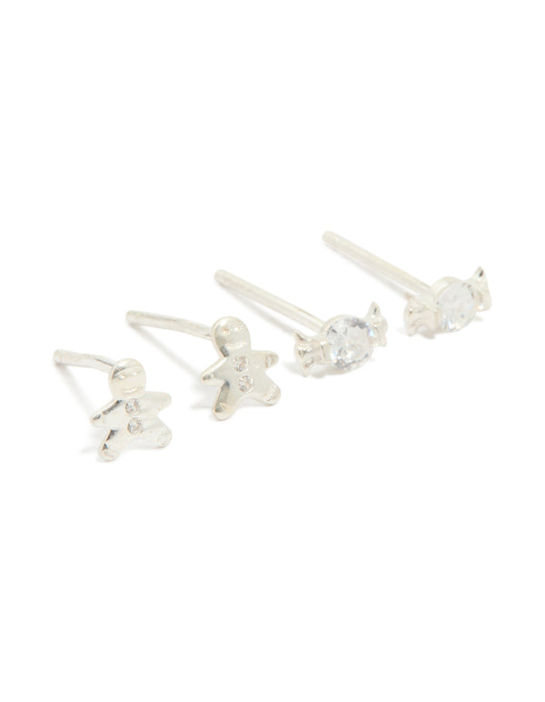 Sterling Silver Cubic Zirconia Xmas Gingerbread Man & Candy Stud Earrings 2-Pack