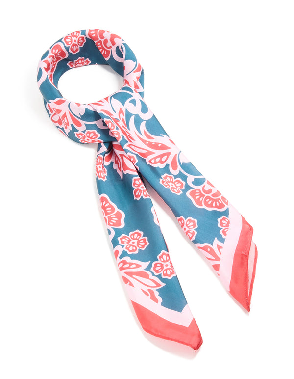 Red & Blue Flower Silhouette Print Fabric Scarf