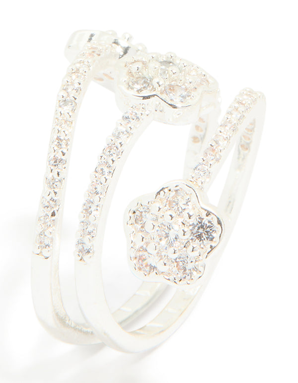 Silver Plated Cubic Zirconia Triple Layer Flower Wrap Around Ring