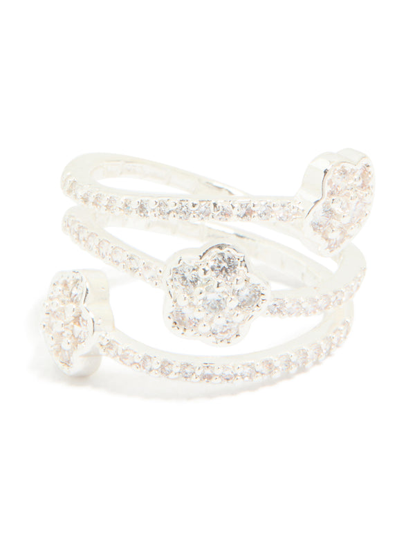 Silver Plated Cubic Zirconia Triple Layer Flower Wrap Around Ring