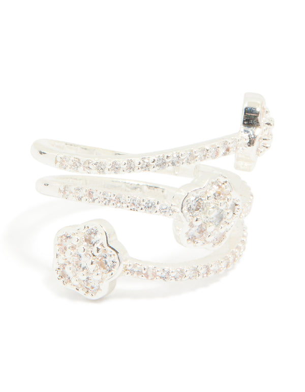 Silver Plated Cubic Zirconia Triple Layer Flower Wrap Around Ring