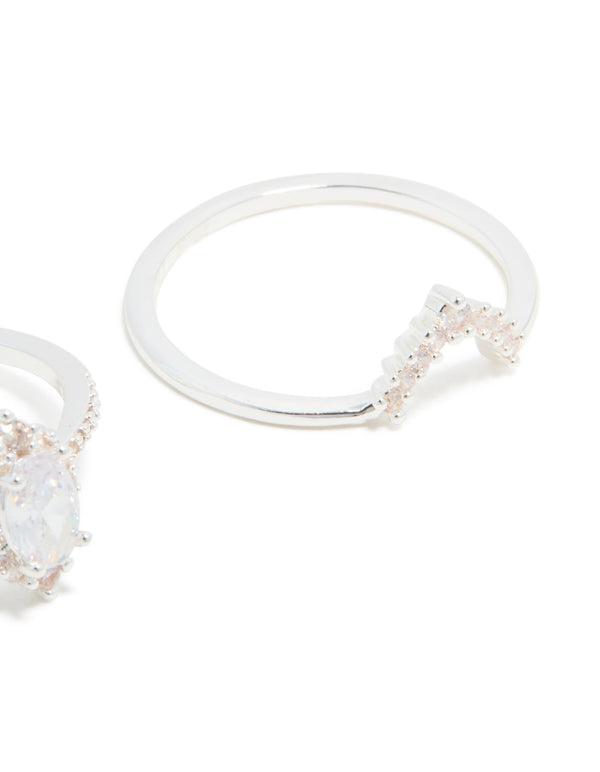 Silver Plated Cubic Zirconia Marquise & Crown Stacking Rings 2-Pack