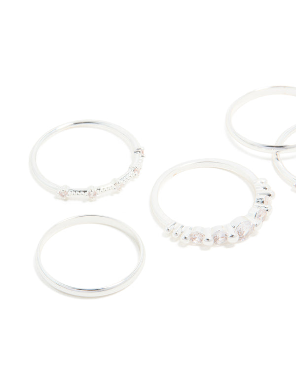 Silver Plated Dainty Cubic Zirconia Stacking Rings 5-Pack