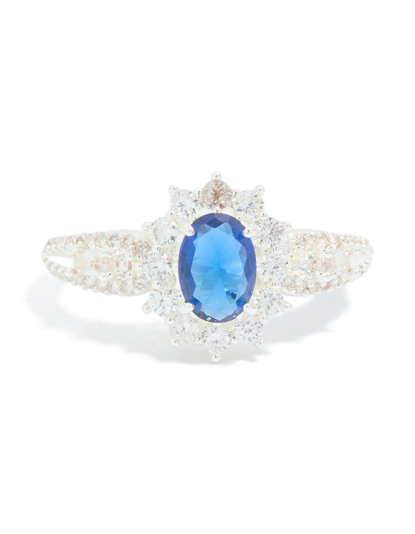 Silver Plated Blue Cubic Zirconia Centre Opulent Statement Ring