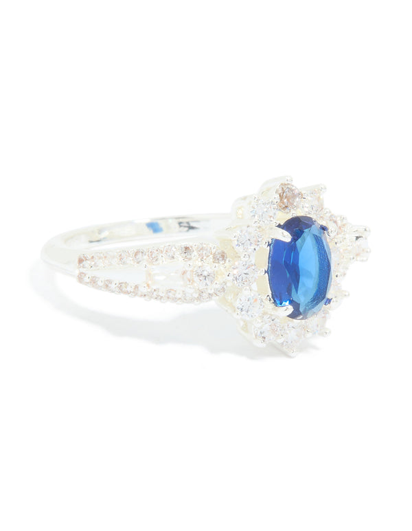 Silver Plated Blue Cubic Zirconia Centre Opulent Statement Ring