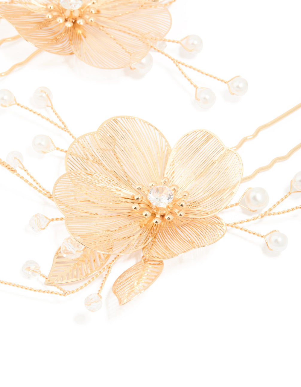 Gold Pearl Large Laser Cut Flower Hair Pins 2-Pack