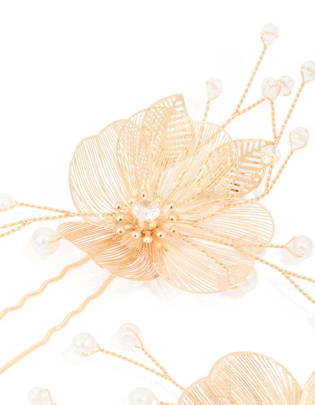 Gold Pearl Large Laser Cut Flower Hair Pins 2-Pack