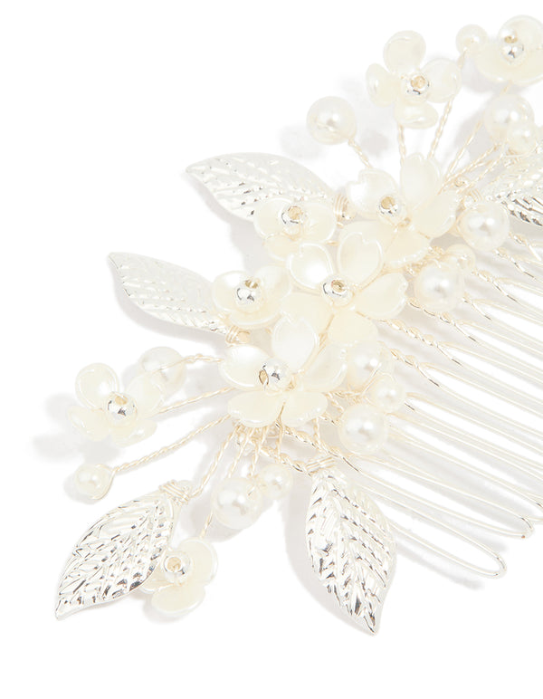 Silver Pearl Flower & Leaf Hair Combs 3-Pack
