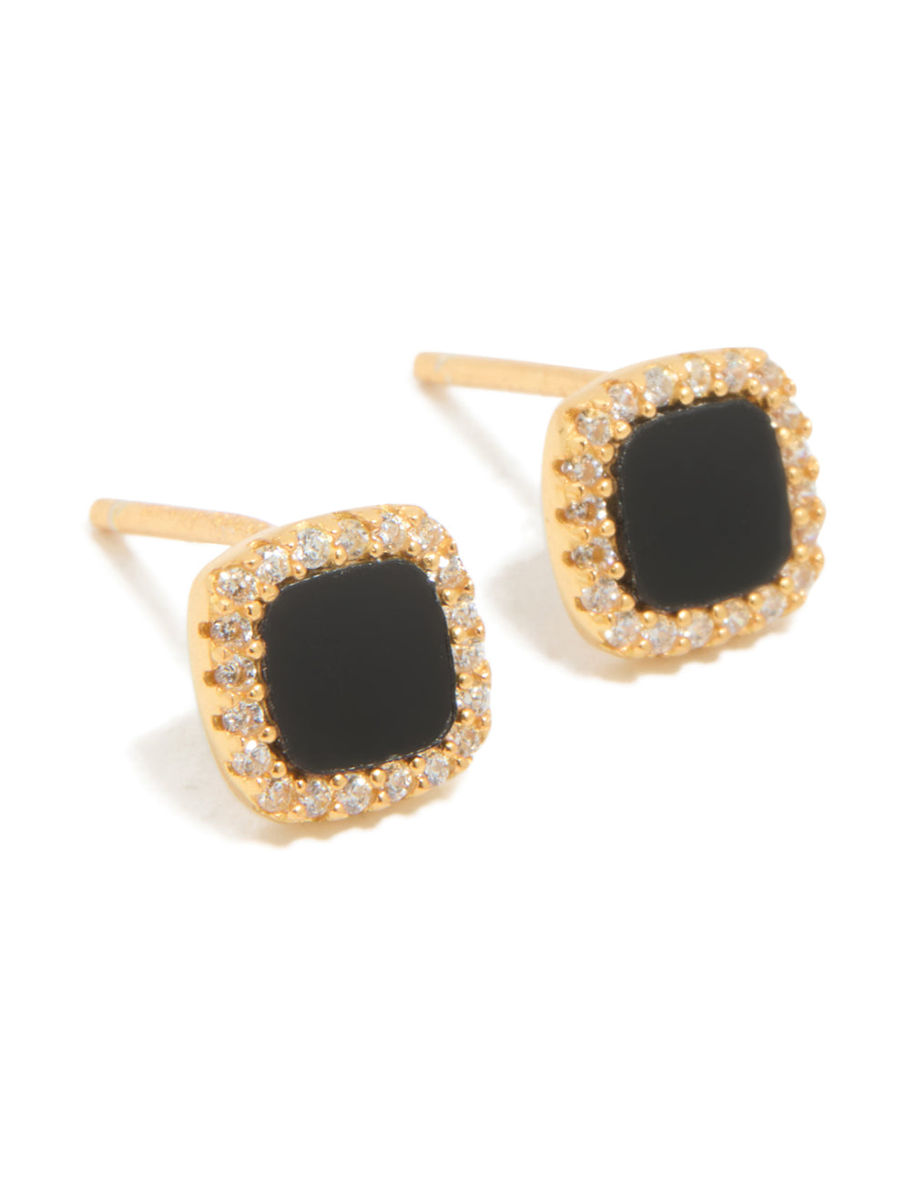 Gold Plated Sterling Silver Black Cushion Cut Cubic Zirconia Stud Earrings