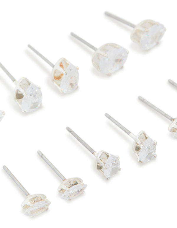 Silver Cubic Zirconia Stud Earrings 6-Pack