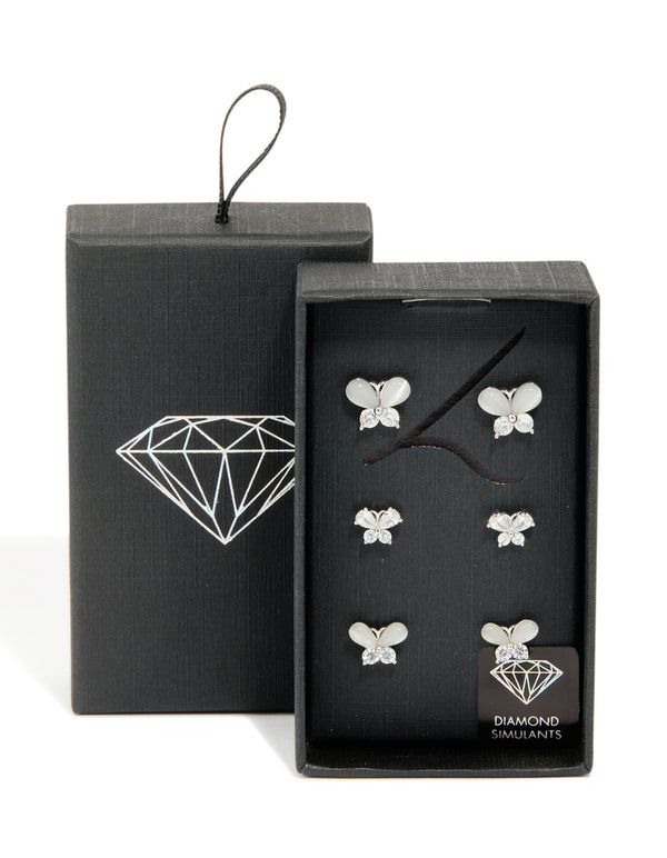 Silver Cubic Zirconia Multi-Sized Butterfly Earrings 3-Pack