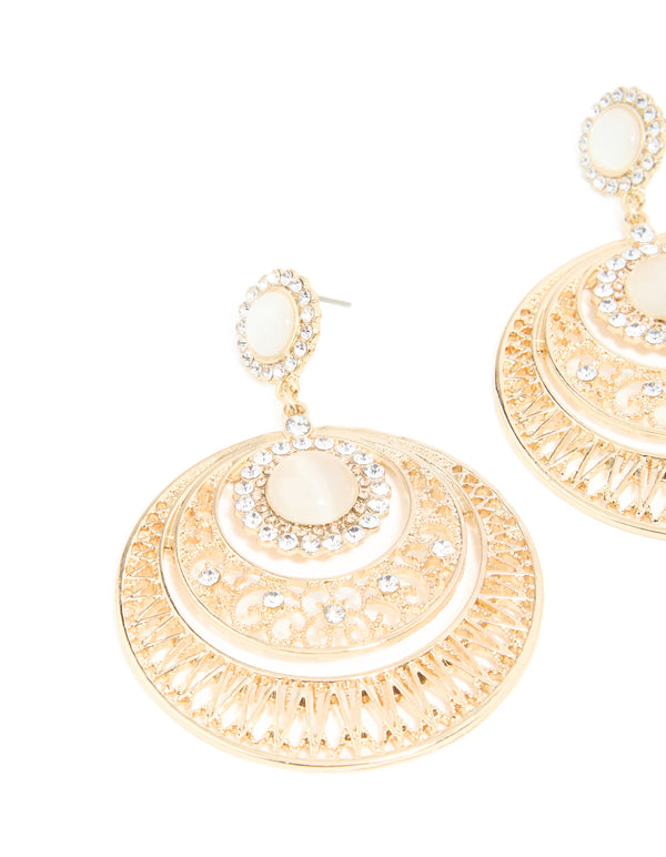 Gold Diamante Detailed Round Drop Earrings