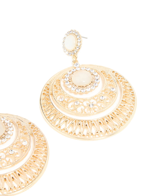 Gold Diamante Detailed Round Drop Earrings