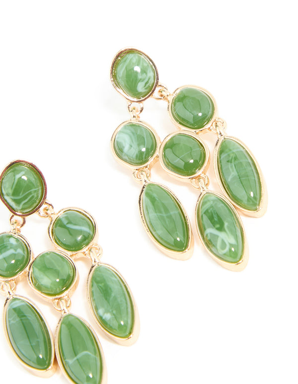 Gold Green Stone Marquise Trio Drop Earrings