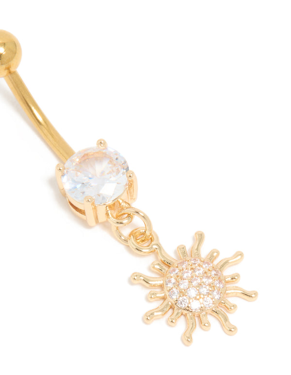Gold Plated Surgical Steel Cubic Zirconia Circle & Sun Drop Belly Bar