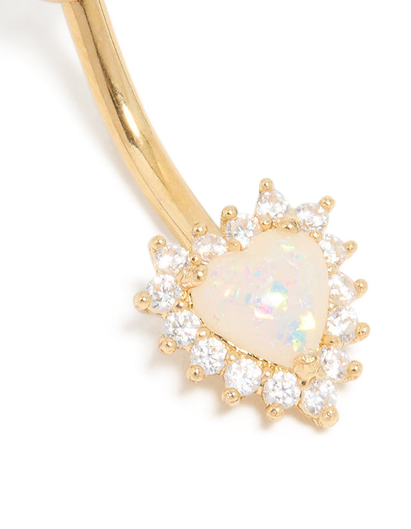 Gold Plated Surgical Steel Cubic Zirconia & White Opal Heart Belly Bar