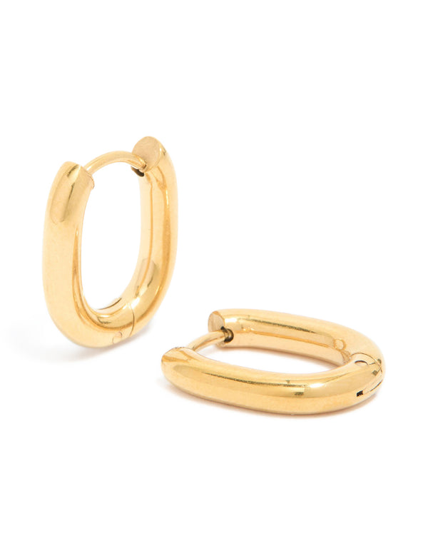 Elegant waterproof gold plated stainless steel oval clicker hoop earrings front view