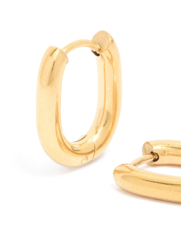 Detailed waterproof gold plated stainless steel oval clicker hoop earrings close up view