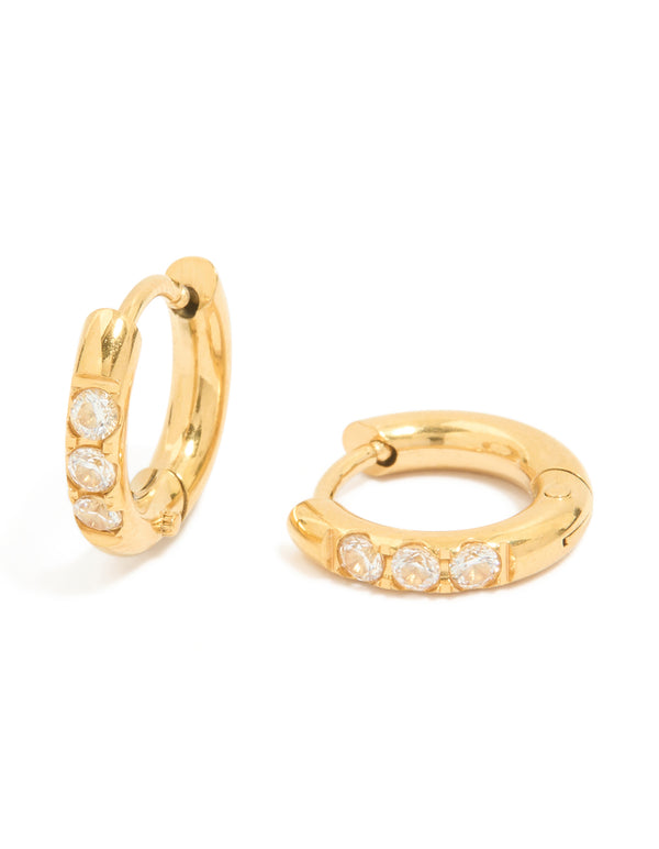 Waterproof Gold Plated Stainless Steel Prism Cubic Zirconia Huggie Earrings