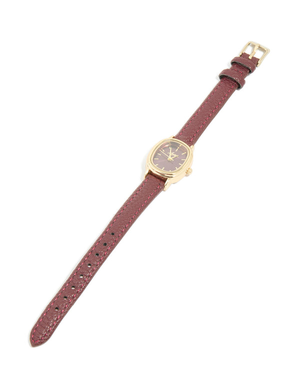 Gold Burgundy PU Leather Oval Watch