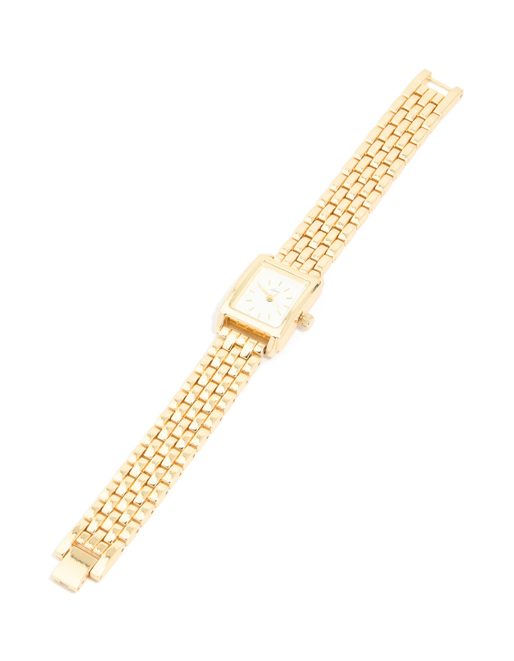 Showcasing a white dial square watch with link band in gold, designed for women with formal occasion styling and statement analog details front view