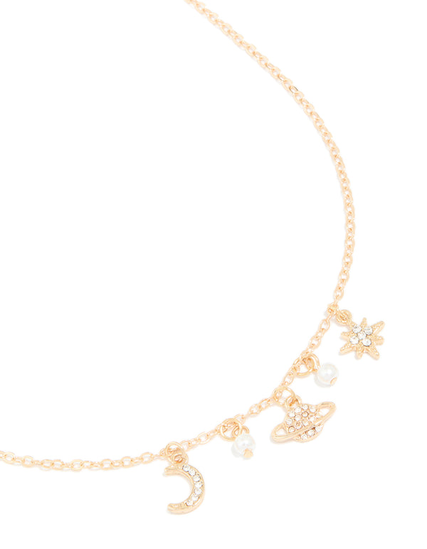 Gold Pearl Diamante Celestial Charm Necklace