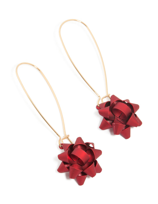 Gold Red Present Bow Hook Earrings