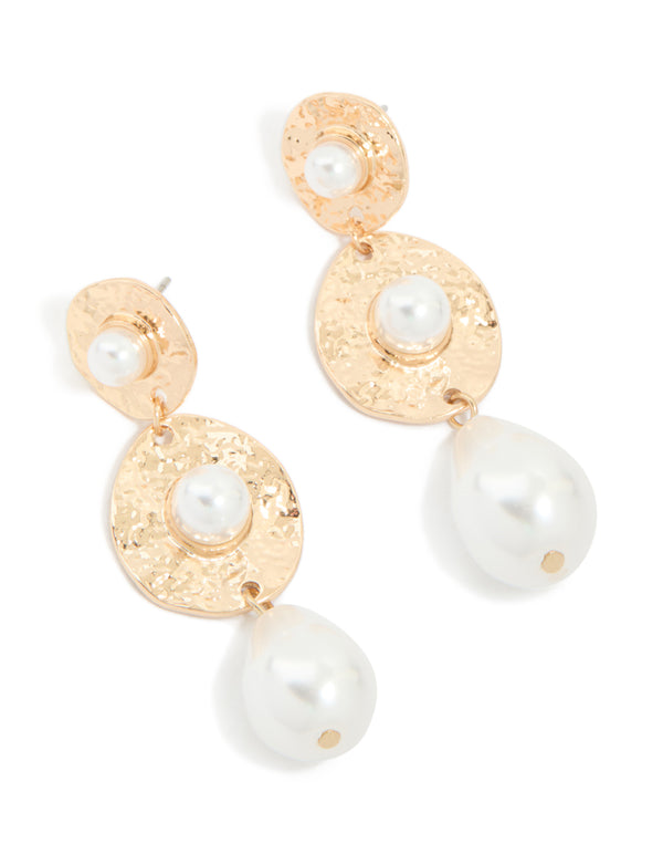 Gold Pearl Round Drop Earrings