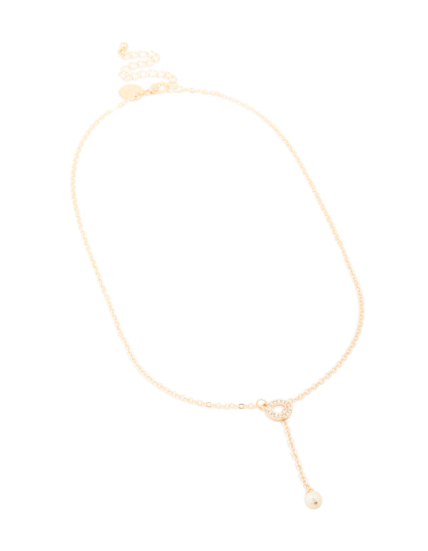 Gold Diamante Pearl Chain Y-Necklace