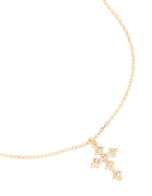 Gold Diamante Vintage Cross Pendant Necklace