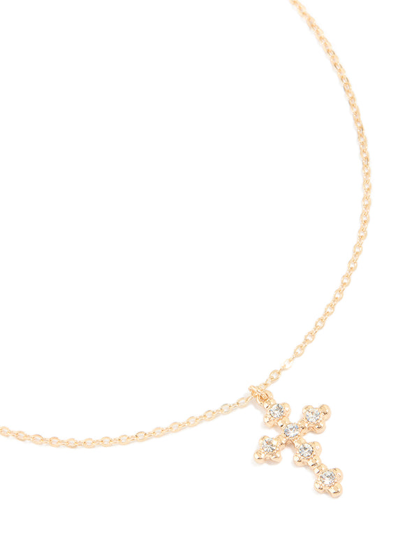 Gold Diamante Vintage Cross Pendant Necklace