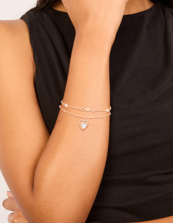 Gold Diamante Heart & Circle Charm Bracelets 2-Pack