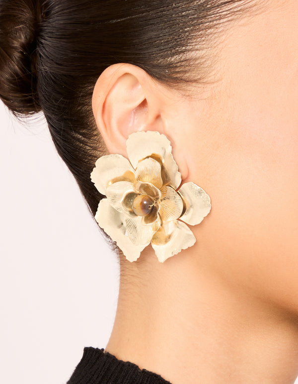 Worn Gold Tigers Eye Bead Statement Stud Earrings