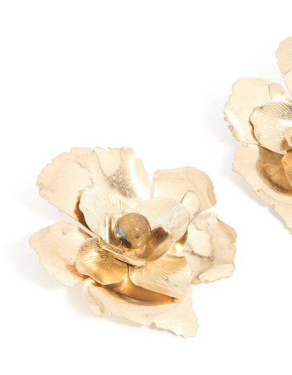 Worn Gold Tigers Eye Bead Statement Stud Earrings