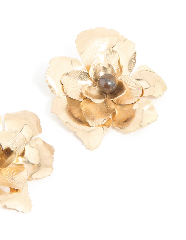 Worn Gold Tigers Eye Bead Statement Stud Earrings