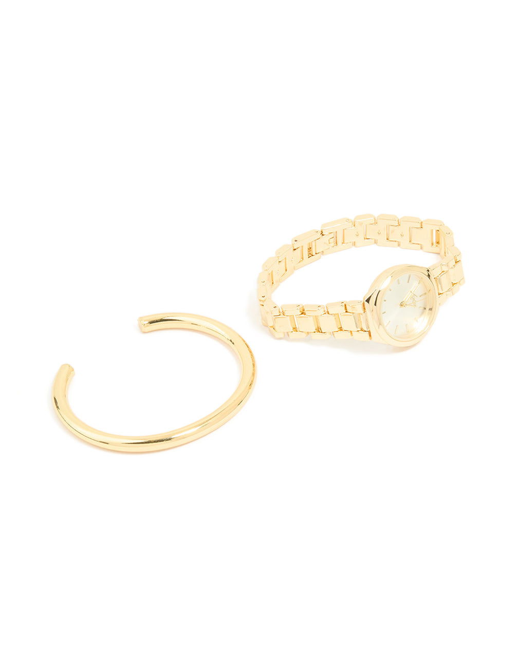 Showcasing a classic wrist cuff and watch set in gold with white dial, round shape, link band strap, analog type, designed for women, casual occasion front view