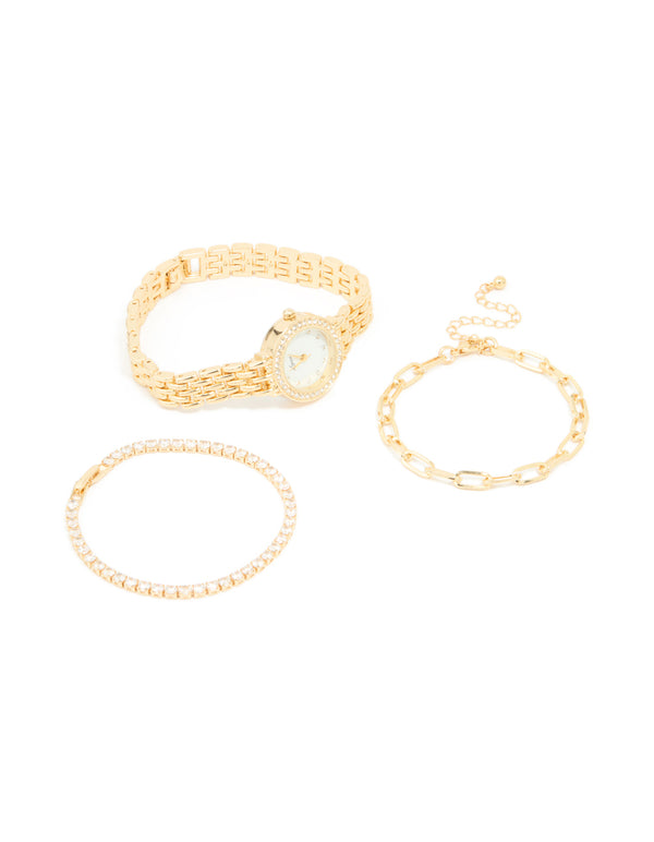 Gold Diamante Watch & Bracelets Set