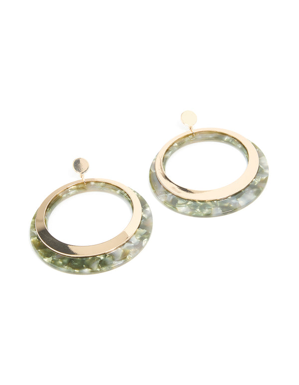 Gold Olive Green Shell Effect Drop Earrings