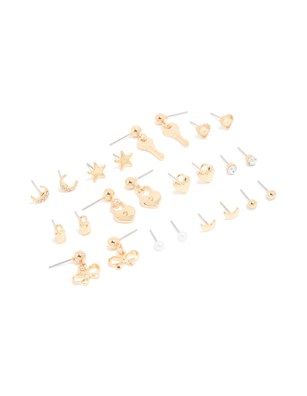 Gold Heart Locket & Star Earrings 12-Pack