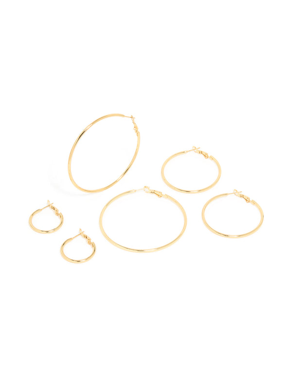 Waterproof Gold Plated Stainless Steel Thin Multi-Sized Hoop Earrings 3-Pack
