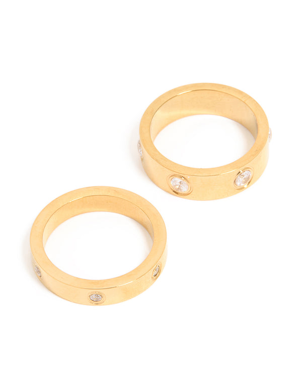Waterproof Gold Plated Stainless Steel Cubic Zirconia Rings 2-Pack
