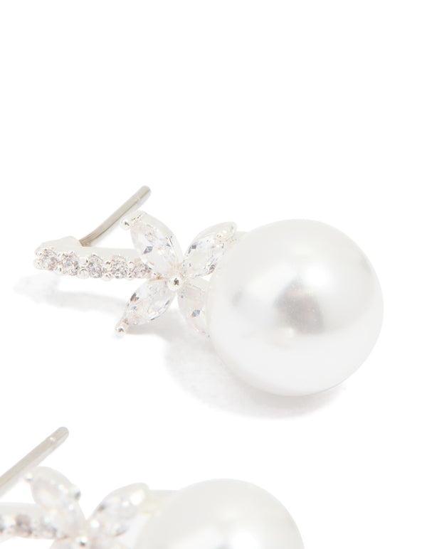 Silver Plated Cubic Zirconia Flower & Pearl Drop Earrings