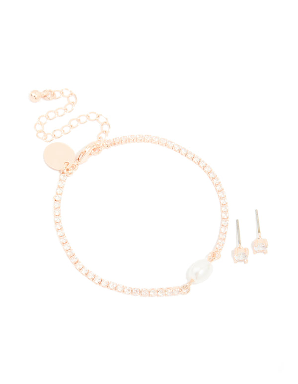 Rose Gold Plated Cubic Zirconia & Pearl Tennis Bracelet & Earrings Set