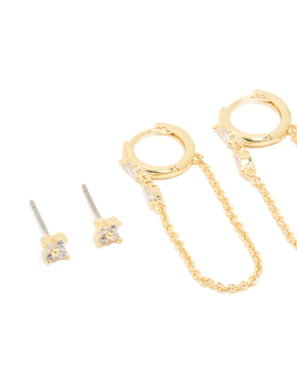 Gold Plated Cubic Zirconia Flower Studs & Huggie Earrings 4-Pack