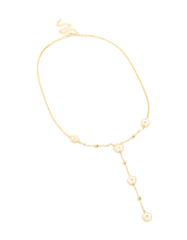 Gold Plated Diamante White Flower Y-Necklace