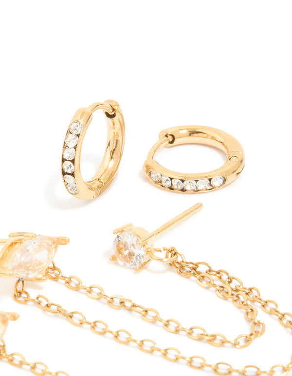 Waterproof Gold Plated Stainless Steel Cubic Zirconia Marquise Clicker & Studs 3-Pack