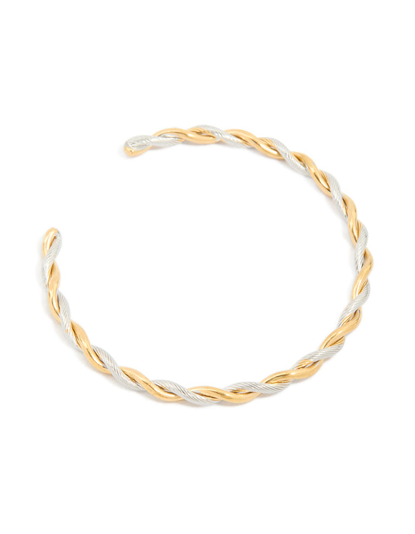 Elegant waterproof twist detail open wrist cuff crafted from gold plated stainless steel in silver tones front view