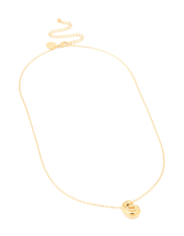 Featuring waterproof gold plated stainless steel large bubble letter G necklace featuring a bold initial pendant front view