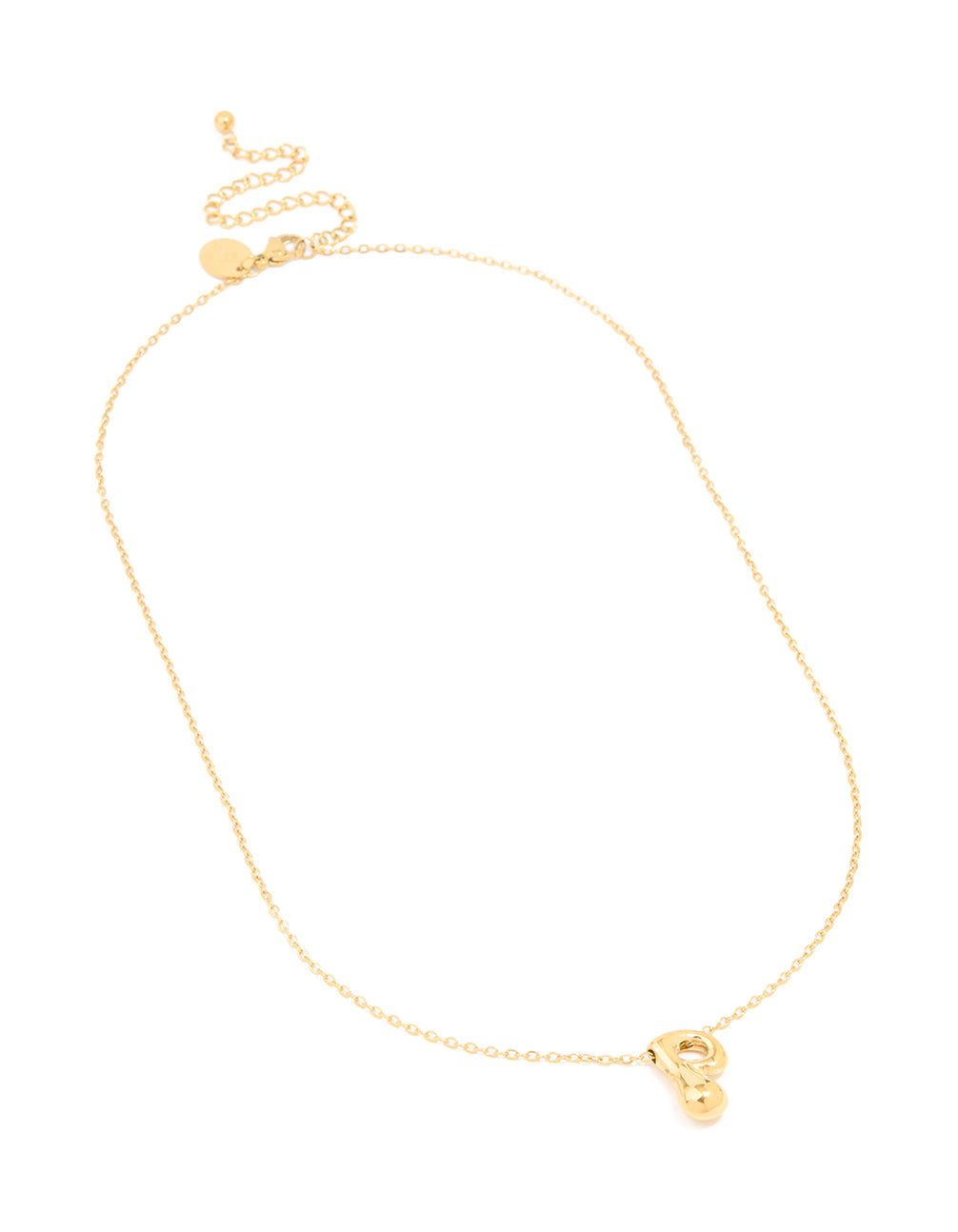Introducing a waterproof gold plated stainless steel large bubble letter P necklace crafted with initial pendant front view