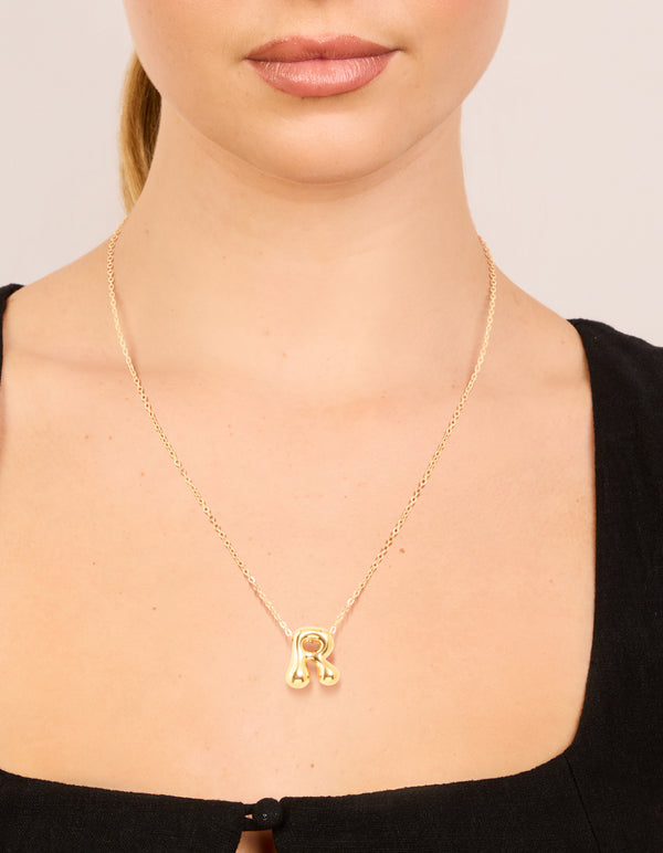 Waterproof Gold Plated Stainless Steel Large Bubble Letter R Necklace